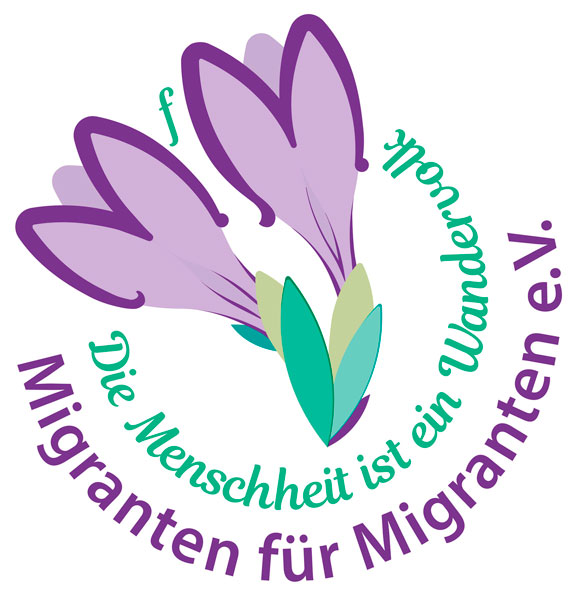 Migranten für Migranten e. V. Logo Migranten für Migranten e. V. mit Text »Die Menschheit ist ein Wandervolk«